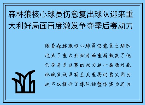 森林狼核心球员伤愈复出球队迎来重大利好局面再度激发争夺季后赛动力